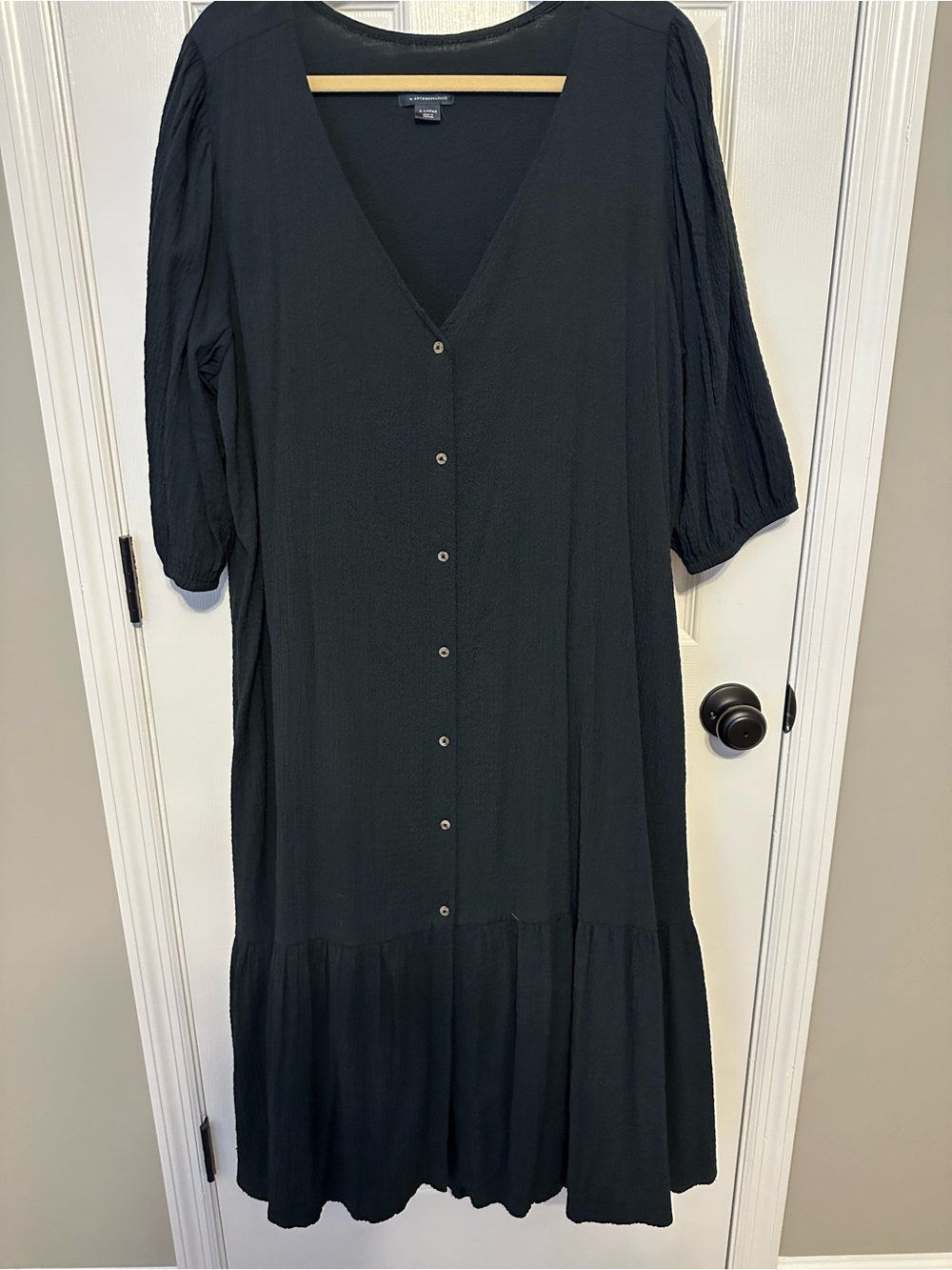 Maeve Black V-Neck Button-Front Midi Dress with Flounce Hem